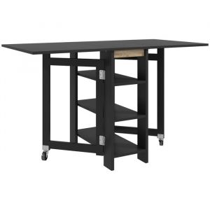 Homcom Table &agrave; manger pliable - sur roulettes - avec 2 abattants rabattables et 3 &eacute;tag&egrave;res - pour petits espaces - noir