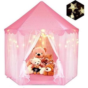 Château de princesse 55" x 53" - Tente de jeu - Salle de jeux pour filles - Salle de jeux pour enfants - Jeux d'intérieur et d'extérieur - Rose - Livrée avec éclairage LED