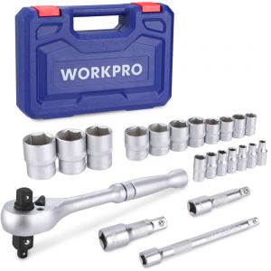 WORKPRO Jeu de 22 Douilles avec Clé à Cliquet 1/4", 3/8", 1/2"