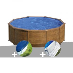 Gre Kit piscine acier aspect bois Sicilia ronde 3,20 x 1,22 m + B&acirc;che hiver + Tapis de sol