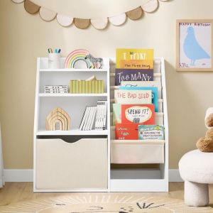 Sobuy Bibliotheque Enfant 3 Niveaux Bibliothèque Montessori avec Rangement Jouet et Paniers Tissu Meuble Chambre Enfant Etagere Chambre Blanc 80x40x80cm