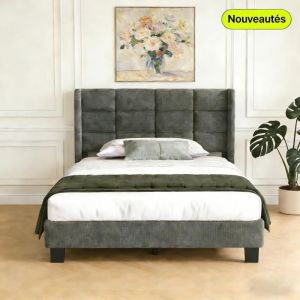 Oem Lit Simple Capitonn&eacute;e 90 x 200 cm avec Haut T&ecirc;te de Lit en Lin, Pieds de Support renforc&eacute;s - Lattes de lit &eacute;paissies, Bois Massif