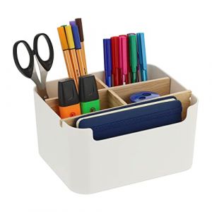 Relaxdays Organiseur de Bureau, 5 Compartiments, Plastique et Bois, Moderne, HxLxP : 9,5 x 18 x 15 cm, Blanc