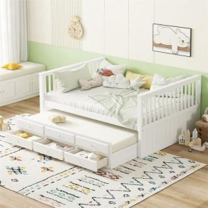 Lit gigogne 140x200cm+90x190cm, lit d'enfant Lit de jour en bois massif et MDF, avec 3 tiroirs, blanc