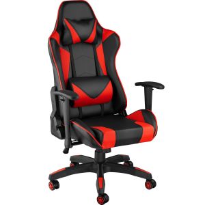 TecTake Chaise de Bureau Design Gamer ergonomique confortable avec Accoudoirs r&eacute;glables et Coussins de nuque et dos Noir Rouge