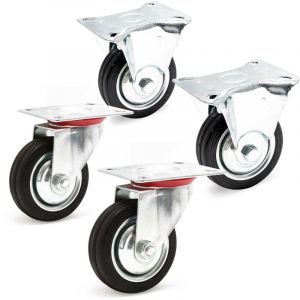 wiltec Kit Roulettes 75mm 50kg/roue 2x Pivotantes 2x Fixes Caoutchouc plein Charge lourde Plaque Support Jante m&eacute;tal Transport Meuble