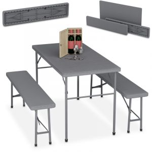 Relaxdays Ensemble Table Pliante et 2 bancs, pour Jardin, pavillon ou Camping, 120 cm, Aspect rotin, Gris