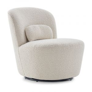 Fauteuil rond pivotant en tissu bouclette écru et un coussin - DAMIEN