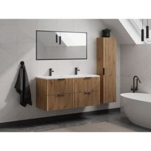 Meuble de salle de bain suspendu stri&eacute; avec vasque &agrave; encastrer et colonne - Naturel clair - 120 cm - zevara