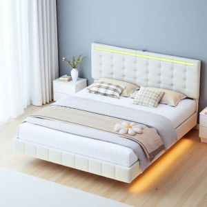 Lit flottant LED - 160x200 - T&ecirc;te de lit r&eacute;glable - LED RGB 16 couleurs - 2 ports USB