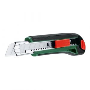 Bosch Cutter &agrave; lame sectionnable (lame tranchante en acier SK5 de 18 mm ; rev&ecirc;tement softgrip ergonomique ; verrouillage de la lame, rechargement automatique ; stockage de lame)