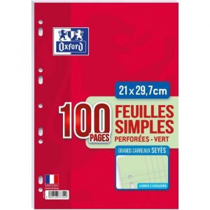 Oxford 100105669 Feuillet Mobile perforé 100 pages A4 210X297 Grands Carreaux 80 g Vert