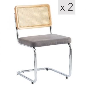 Lot de 2 chaises en m&eacute;tal et cannage avec assise en simili noir