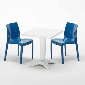 Image de Grand Soleil Table et 2 chaises colorées polypropylene extérieurs PATIO | Ice Bleu - Blanc