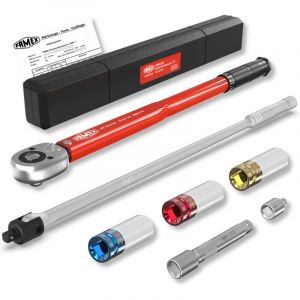 FAMEX 10914 Jeu de clés dynamométriques 1/2" (12,5 mm) 30-210 Nm pour changement de pneus – Avec 3 douilles et clé articulée très résistante de 60 cm 630 Nm, rallonge, kit de changement de roue