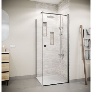 Aurlane Porte de Douche Pivotante 80x180cm et Retour 80cm - Profil Noir - Verre 5mm - DARK ELEMENTARY