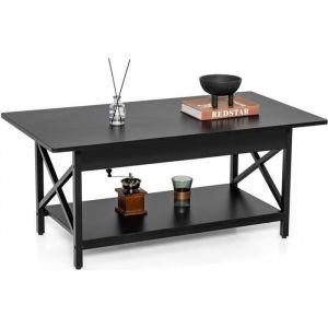 Giantex Table Basse à 2 Niveaux, Table Salon Industrielle Plateau en Bois et Cadre Métallique en Forme de X, Pieds Réglables, 110 x 60 x 48 cm