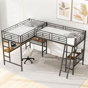 Lit Superposé 90x200cm Table Sous Le Lit Enfant Escalier Double Garde-Corps Haut Lit 2 Personnes,Noir