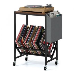 COSTWAY Support de Stockage de Disques Vinyles avec Poche, 4 Roulettes, Cadre en M&eacute;tal, pour Salle de Musique Salon, Marron
