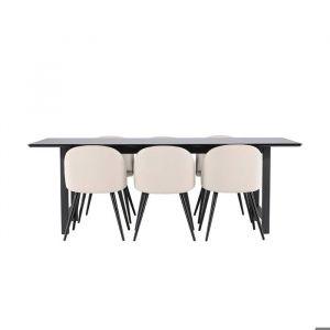 Oslo ensemble pour salle à manger table de salle à manger 100x220cm noir et 6 Skagen chaise velours beige.