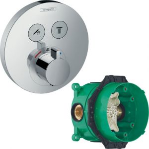 Hansgrohe Lot Facade pour mitigeur thermostatique encastré avec 2 fonctions chromé + Corps encastré universel Ibox