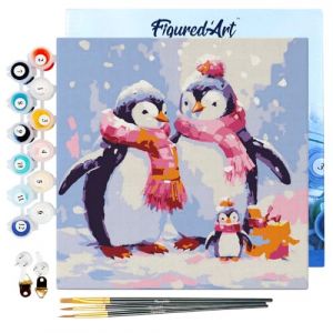 Mini peinture au numéro : Famille de Pingouins sous la Neige - toile tendue sur chassis