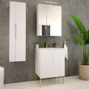 Ensemble meuble simple vasque encastrée 60cm et colonne Blanc 2 portes sur pieds Daria Blanc