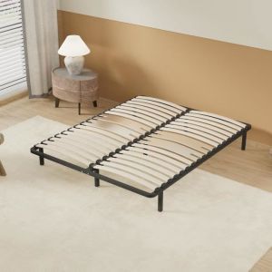 Sommier Métal avec Lattes en Bois Flexible (90x190) 2 Doubles Lattes de Renfort Lombaire 7 Pieds lit Stable Solide et Durable