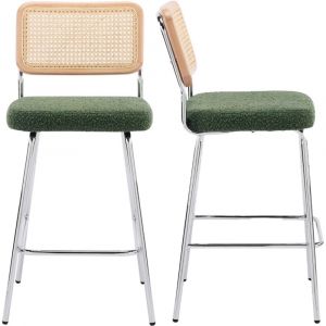 Lot de 2 chaises de bar en cannage et tissu boucl&eacute; vert, pi&egrave;tement chrom&eacute; - Muse