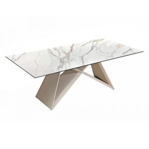 Table basse 110 cm c&eacute;ramique blanc marbr&eacute; pied m&eacute;tal beige - ISAURE