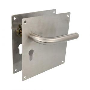 Amig - Jeu de poign&eacute;es avec plaque pour porte | Poign&eacute;e avec serrure &agrave; cl&eacute; &agrave; 47 mm | Mod. 4CB47 | Acier inoxydable 18/8 | 180 x 180 mm | Carr&eacute; de 8 mm | Argent&eacute; mat