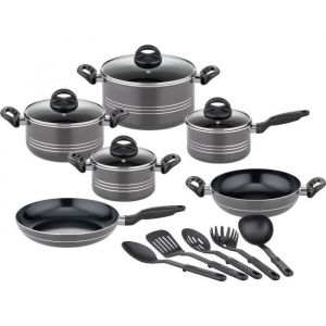GSW Milano Grey Lot de 15 casseroles de qualité supérieure pour induction, céramique et gaz, revêtement antiadhésif, casseroles avec couvercle en verre et ustensiles de cuisine, casseroles et poêles