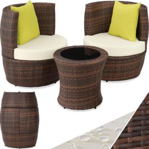 Salon de Jardin Marron Encastrable - Fauteuil Salon - Table de Jardin - Coussins - Pot de Fleur - Balcon Terrasse