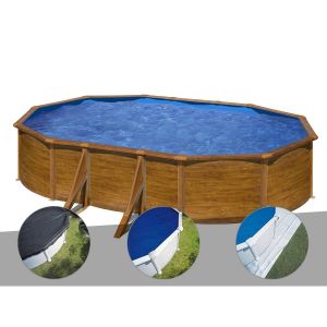 Gre Kit piscine acier aspect bois Pacific ovale 6,34 x 3,99 x 1,22 m + B&acirc;che d'hivernage + B&acirc;che &agrave; bulles + Tapis de sol