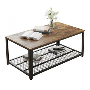 Relaxdays Table basse, style industriel, H x L x P: 45 x 106 x 60 cm, aspect bois, &eacute;tag&egrave;re grillag&eacute;e, marron/noir
