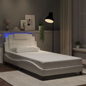 VidaXL Cadre de Lit avec Lumières LED, Lit Rembourré avec Coussin, Lit Simple, Lit Adulte Chambre, Moderne, Blanc 100x200 cm Similicuir