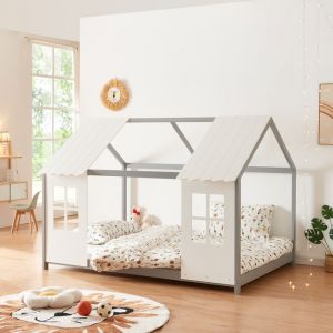 Lit cabane Tostedt pour enfant forme maison bois de pin 120 x 200 cm gris blanc [en.casa]