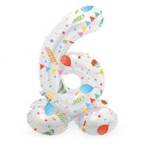 Folat Zahl 63966 Ballon Aluminium Numéro avec Base Chiffre 6 Joyful Party 72 cm-pour Date, Anniversaire, Décoration, Pas Besoin d'hélium, Multicolore