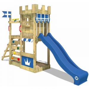 Image de Wickey Aire de jeux Portique bois CannonFlyer avec toboggan bleu Maison enfant exterieur avec bac à sable, échelle d'escalade