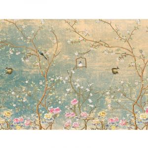 AG ART Poster intissé Thème Vintage Garden oiseaux et fleurs roses - 360 x 270 cm