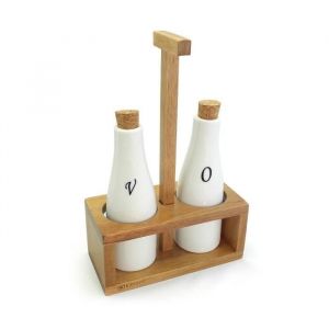 Cassel et Huile d'olive Vinaigre Set de 3 éléments, Porcelain, Acacia Wood, Blanc, XL, One Size