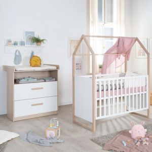 Roba Chambre Bébé 2 Pièces - Cabane - Lit 60x120 Transformable + Commode À Langer Évolutive - Blanc - Chêne