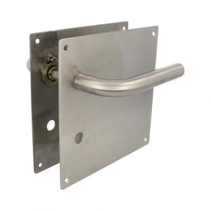 Amig - Jeu de poignées avec plaque pour porte | Poignée avec trou pour verrou à 70 mm | Mod. 4CW70 | Acier inoxydable 18/8 | 180 x 180 mm | Carré de 8 mm | Argenté mat