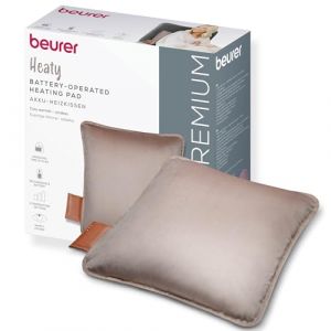 Beurer Heaty Coussin chauffant, coussin chauffant sans fil avec batterie, avec arr&ecirc;t automatique et 3 r&eacute;glages de la temp&eacute;rature, chauffe rapidement, velours doux, taupe