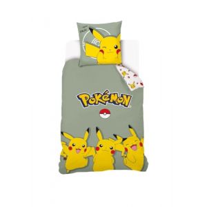 Image de Housse De Couette Pikachu Pokémon 140x200 cm + 1 Taie d'oreiller 63x63 cm - 100% Coton - Vert Sauge