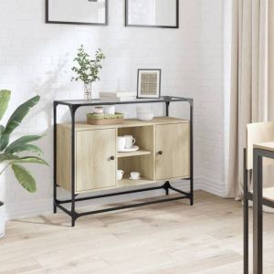 VidaXL Buffet avec dessus en verre chêne sonoma bois d'ingénierie, meuble de rangement, meuble de rangement de cuisine, meuble de rangement de salon