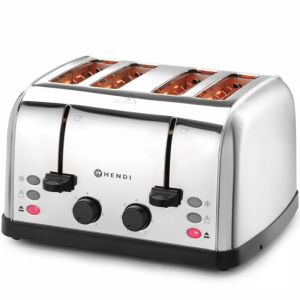Hendi Grille-pain, 4 fentes extra-larges, 2 zones de chauffe séparées, 7 niveaux de grillage, 3 fonctions : griller, décongeler et réchauffer, 240V, 1500W, 295x335x(H)180mm, inox