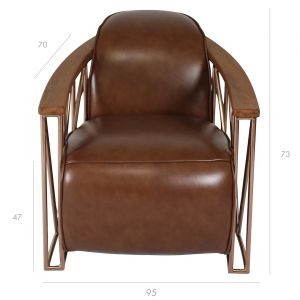 Image de Now's Home Fauteuil en cuir noisette structure en cuivre et bois