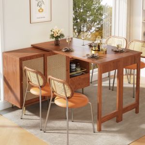 Table de bar pivotante 360&deg; avec portes en rotin, rangement et plateau extensible, 107&ndash;187 cm, marron