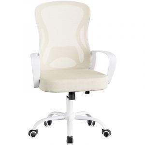 Songmics Chaise de Bureau Ergonomique, en Maille, Fonction Bascule, Accoudoirs Rabattables, Beige et Blanc